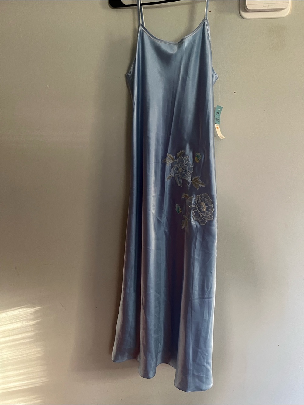 Oscar de la Renta Light Blue Satin Slip Maxi Dress with Floral Embroidery